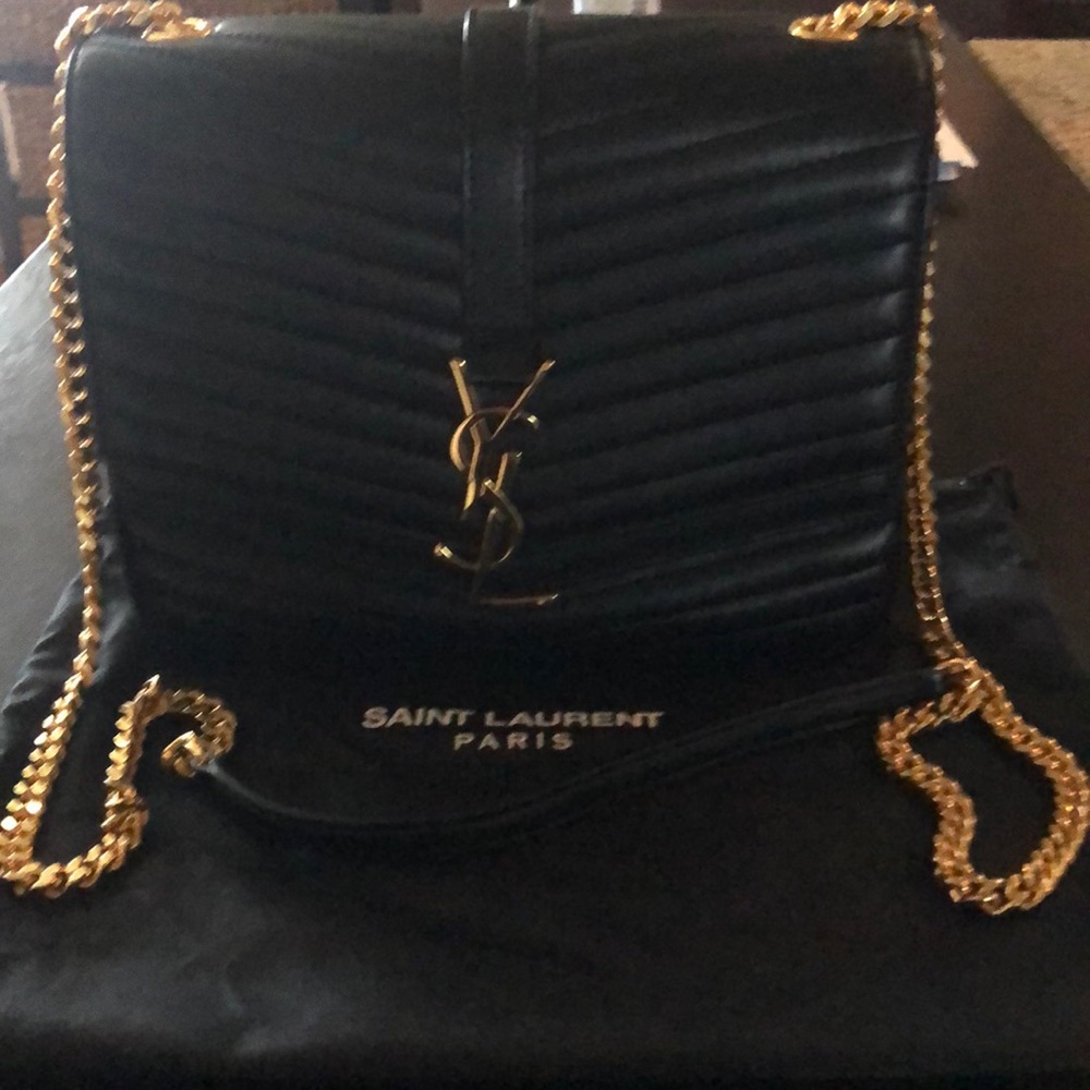 YSL black w/gold chain drop- 22.5” shoulder to bag